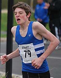 Ryan Green winning the Under 15 Boys race at the Elswick Road Races on Good Friday